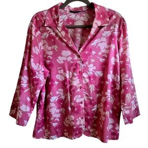 Hillard & Hanson Womens XL Vintage Pink Floral Button Up Tailored Top 3/4 Sleeve
